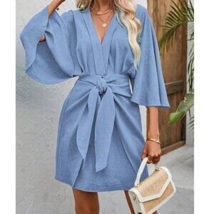 V neck 3/4 Kimono Sleeve Stretchy Tie Waist Dress